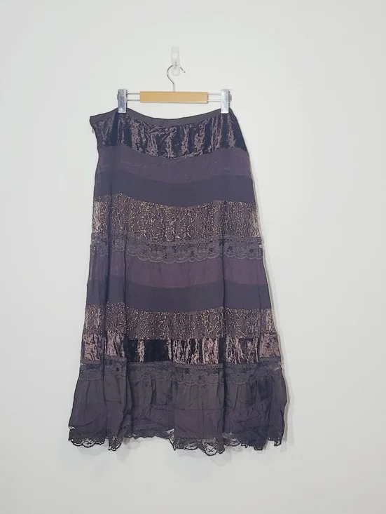 Le Chateau Vintage Brown Mix Media Lace Crashed Velvet Bohemian Zipper Side XL - Picture 11 of 15